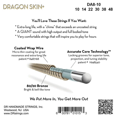 DR Strings DR DRAGON SKIN+ Accurate Core Coated 80/20 Bronze Acoustic Guitar String Set - 10-48 Extra Light DA8-10