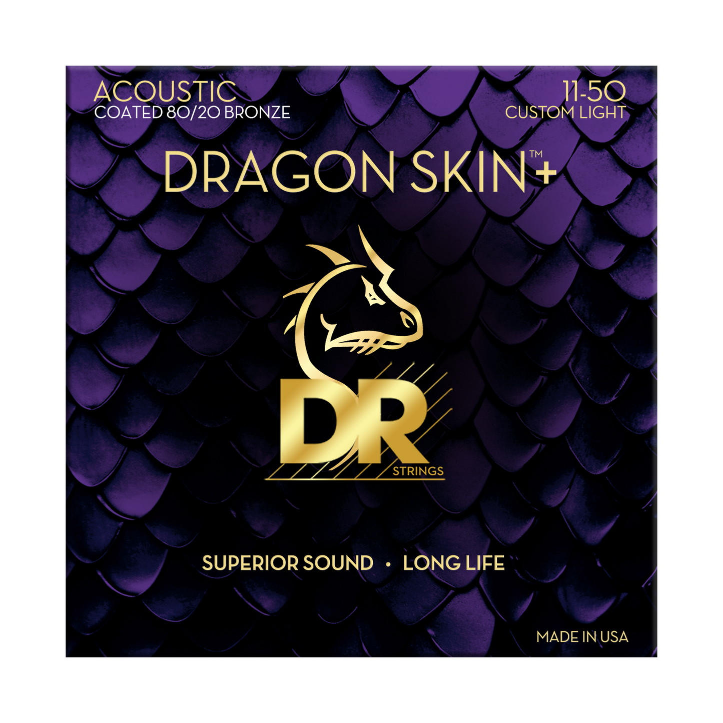 DR Strings DR DRAGON SKIN+ Accurate Core Coated 80/20 Bronze Acoustic Guitar String Set - 11-50 Custom Light DA8-11
