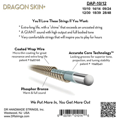 DR Strings DR DRAGON SKIN+ Accurate Core Coated Phosphor Bronze Acoustic Guitar 12-String Set - 10-48 Light DAP-10/12