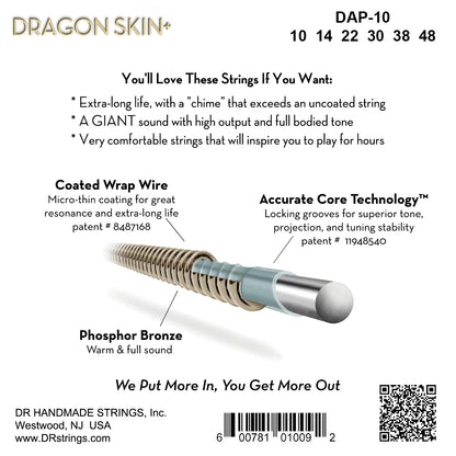 DR Strings DR DRAGON SKIN+ Accurate Core Coated Phosphor Bronze Acoustic Guitar String Set - 10-48 Extra Light DAP-10