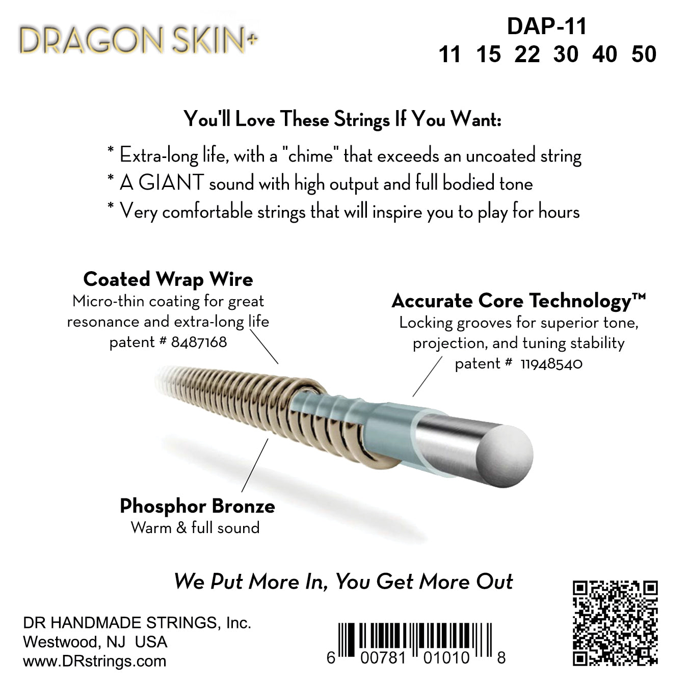 DR Strings DR DRAGON SKIN+ Accurate Core Coated Phosphor Bronze Acoustic Guitar String Set - 11-50 Custom Light DAP-11