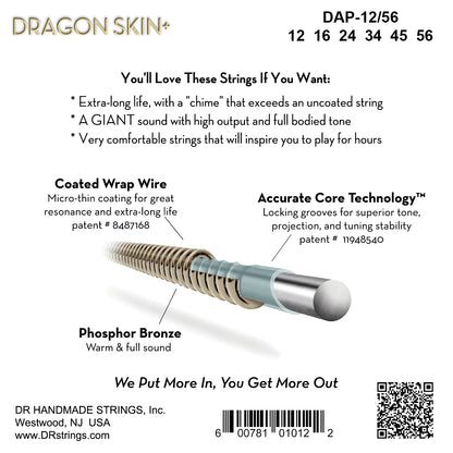 DR Strings DR DRAGON SKIN+ Accurate Core Coated Phosphor Bronze Acoustic Guitar String Set - 12-56 Bluegrass DAP-12/56