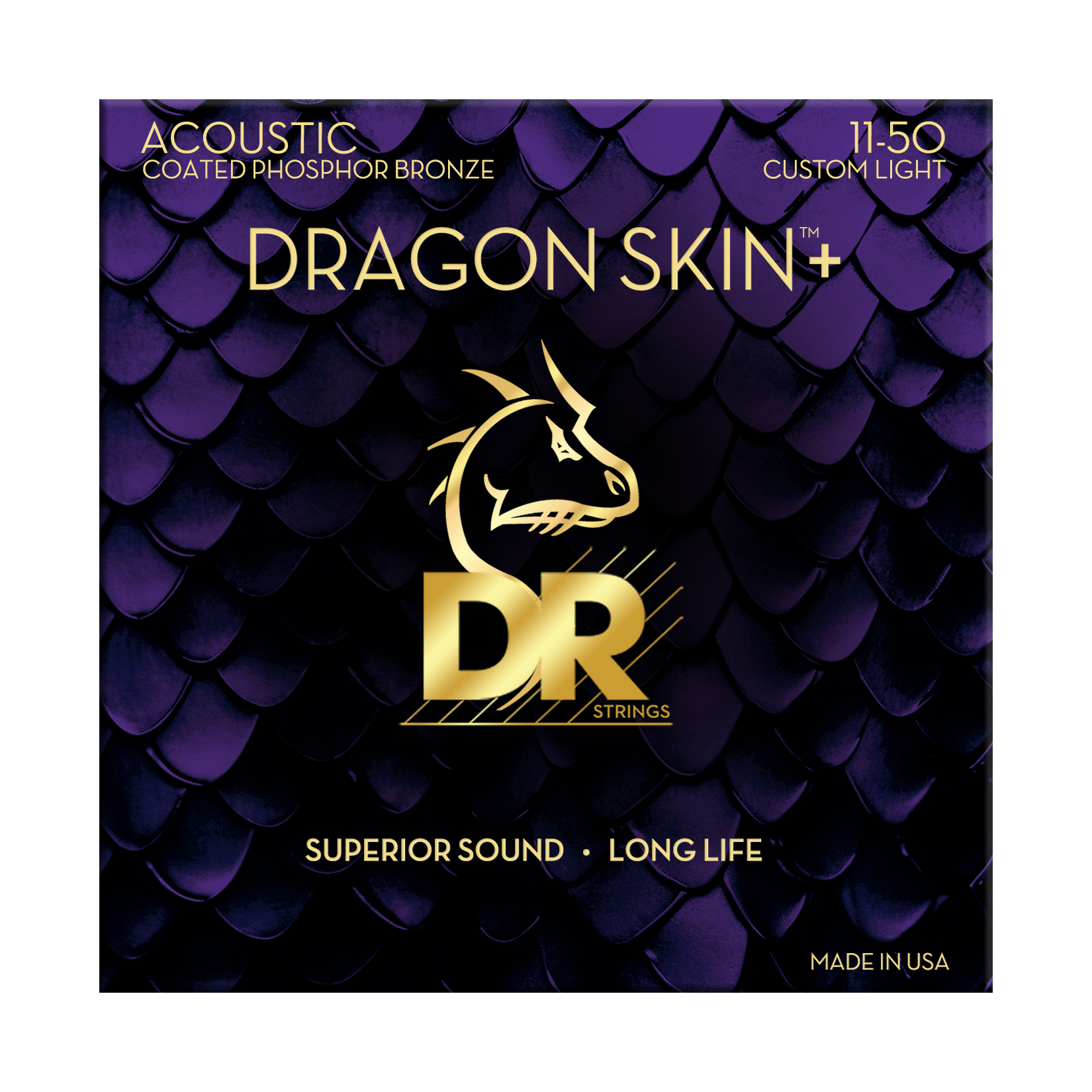 DR Strings DR DRAGON SKIN+ Accurate Core Coated Phosphor Bronze Acoustic Guitar String Set - 11-50 Custom Light DAP-11