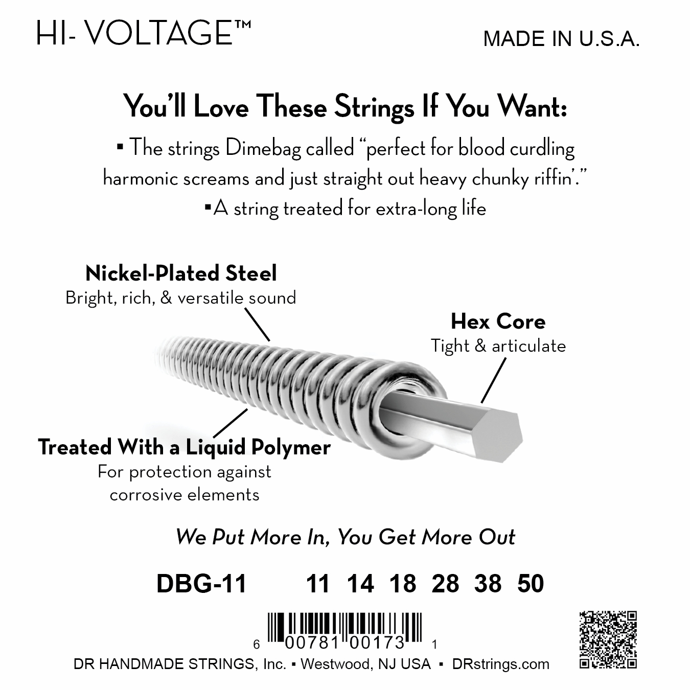 DR Strings DR HI-VOLTAGE Dimebag Darrell Signature Series Electric Guitar String Set - 11-50 Heavy DGB-11