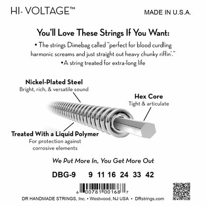 DR Strings DR HI-VOLTAGE Dimebag Darrell Signature Series Electric Guitar String Set - 9-42 Light DGB-9
