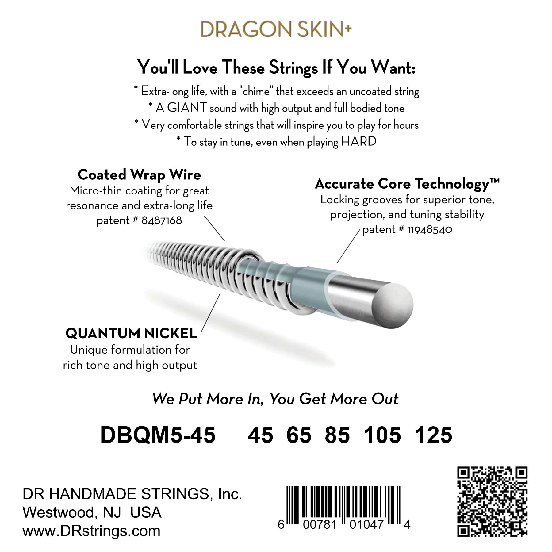 DR Strings DR Dragon Skin+ Quantum Nickel Electric Bass Strings Multi-Scale Set - 5-String 45-125t DBQM5-45