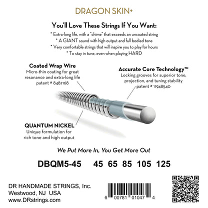 DR Strings DR Dragon Skin+ Quantum Nickel Electric Bass Strings Multi-Scale Set - 5-String 45-125t DBQM5-45