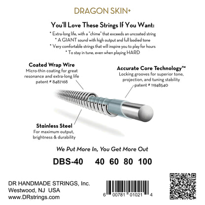 DR Strings DR Dragon Skin+ Stainless Steel Electric Bass Strings Long Scale Set - 4-String 40-100 DBS-40