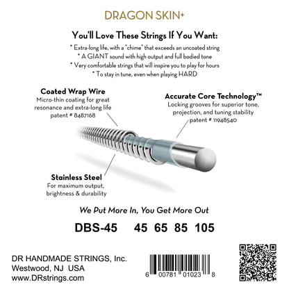 DR Strings DR Dragon Skin+ Stainless Steel Electric Bass Strings Long Scale Set - 4-String 45-105 DBS-45