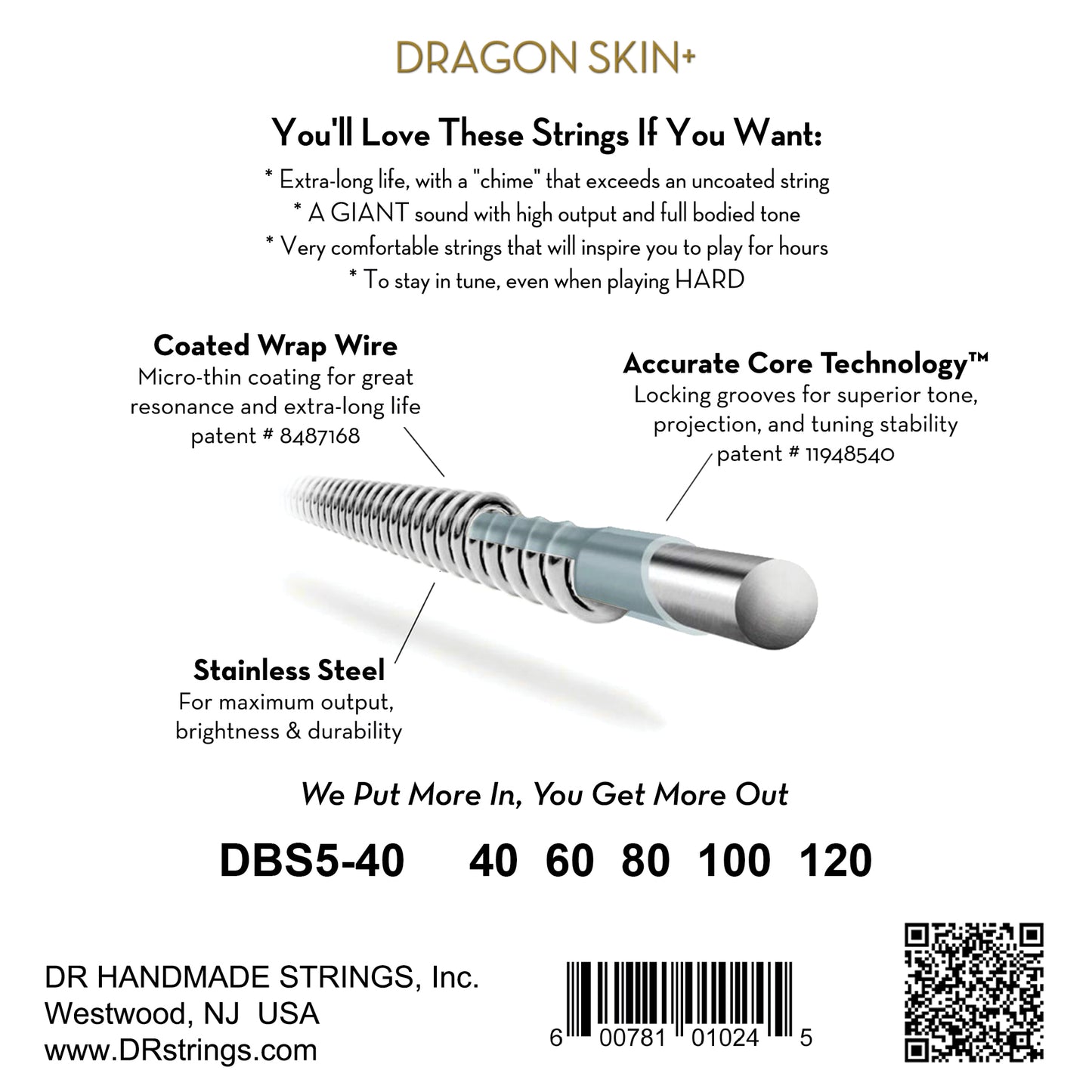 DR Strings DR Dragon Skin+ Stainless Steel Electric Bass Strings Long Scale Set - 5-String 40-120 DBS5-40