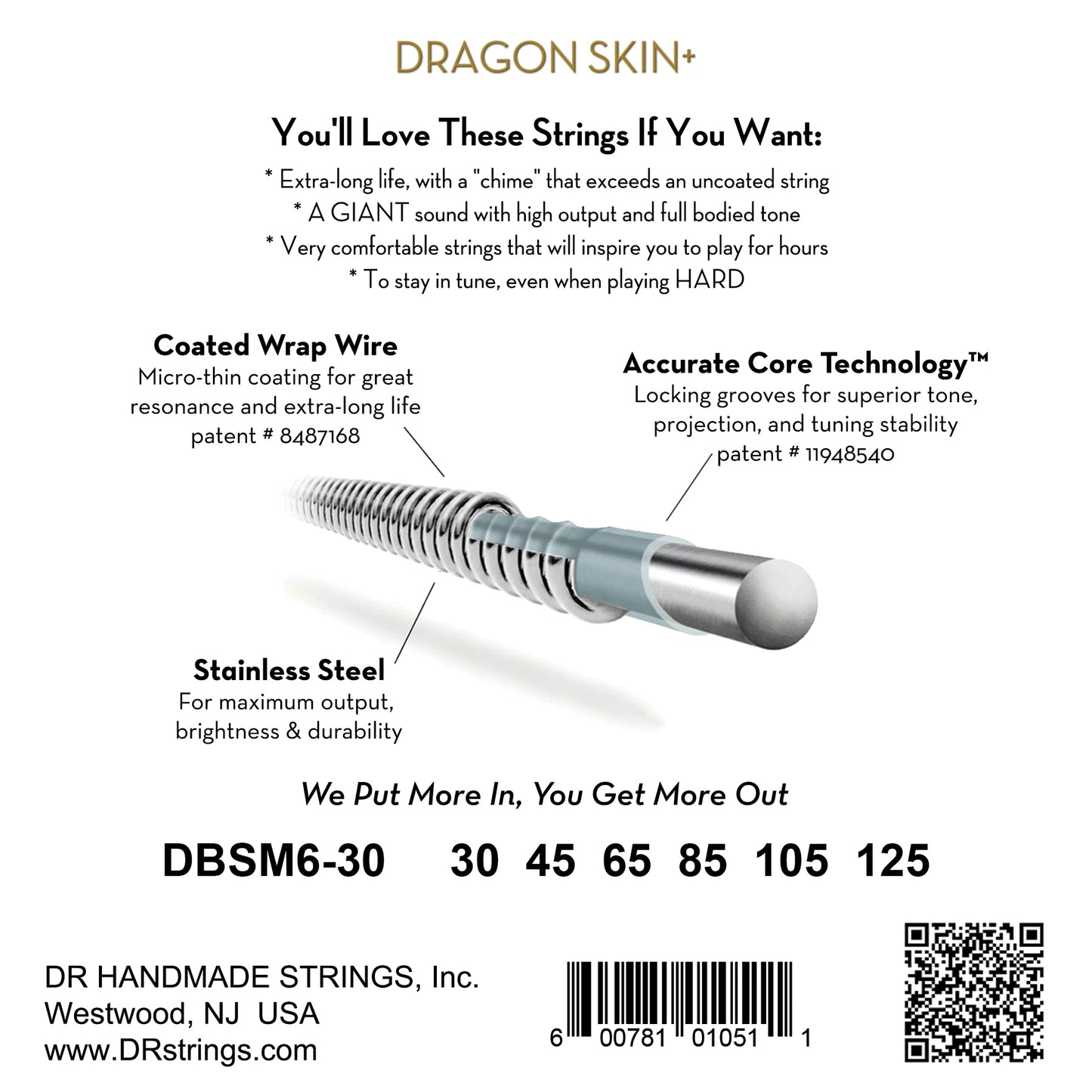 DR Strings DR Dragon Skin+ Stainless Steel Electric Bass Strings Multi-Scale Set - 6-String 30-125t DBSM6-30