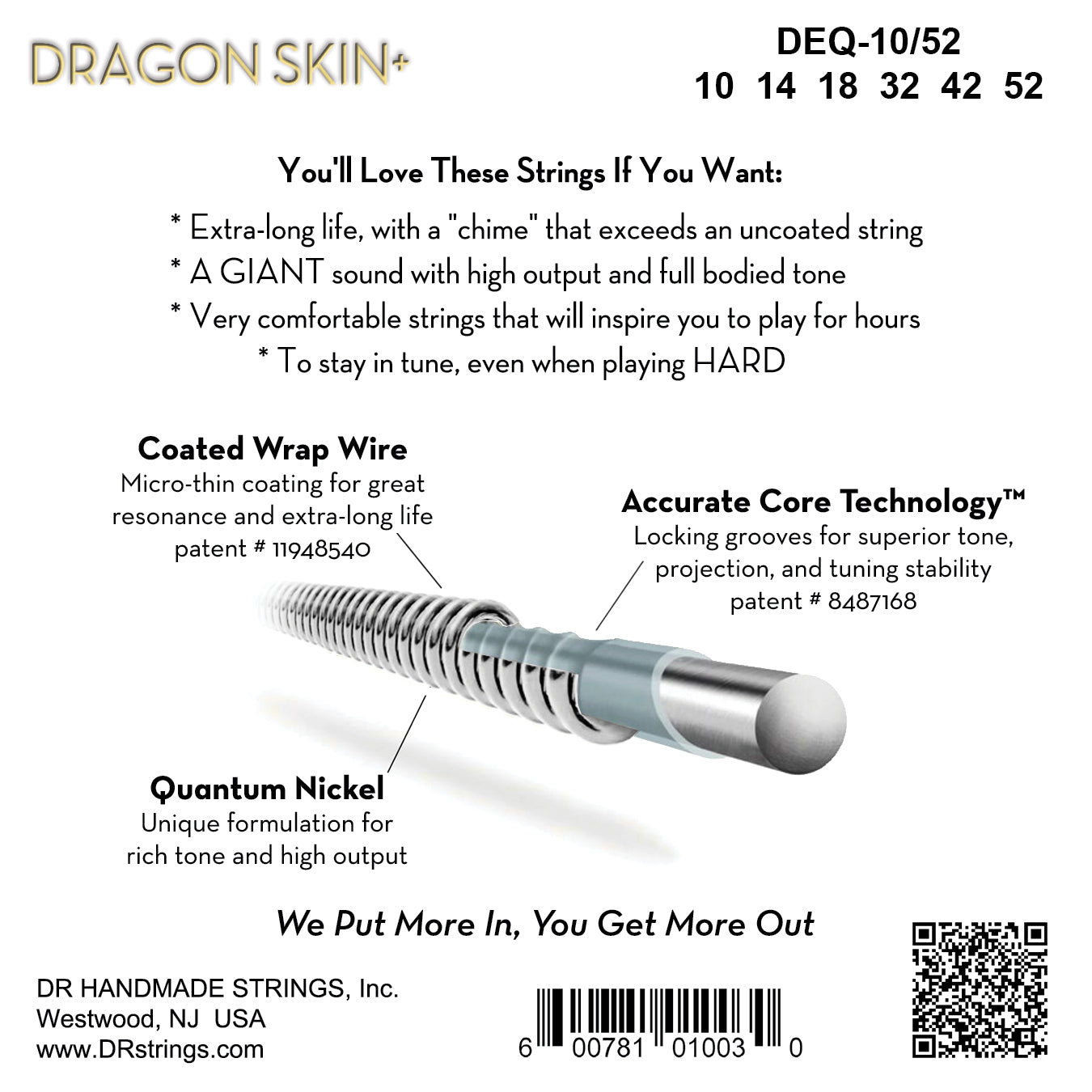DR Strings DR DRAGON SKIN+ Accurate Core Coated Electric Guitar String Set - 10-52 Medium/Heavy DEQ-10/52