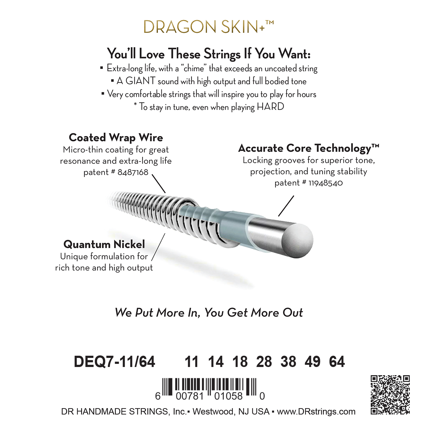 DR Strings DR DRAGON SKIN+ Accurate Core Coated Electric Guitar 07-String Set - 11-64 Heavy DEQ7-11/64