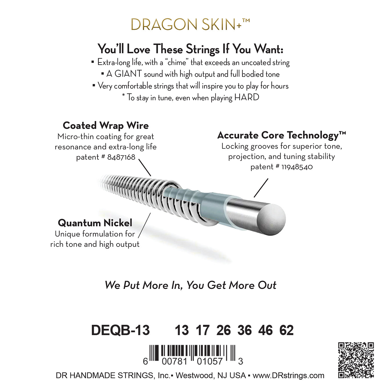 DR Strings DR DRAGON SKIN+ Accurate Core Coated Electric Guitar String Set - 13-62 Baritone DEQB-13