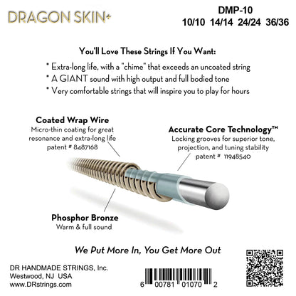 DR Strings DR DRAGON SKIN+ Accurate Core Coated Phosphor Bronze Mandolin String Set - 10-36 Light DMP-10