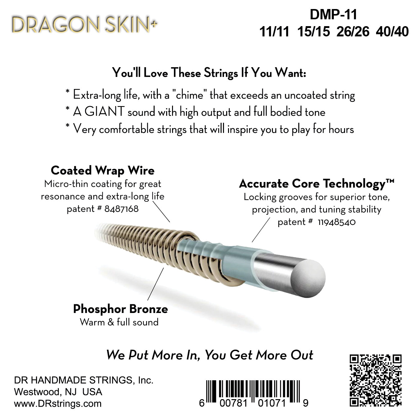 DR Strings DR DRAGON SKIN+ Accurate Core Coated Phosphor Bronze Mandolin String Set - 11-40 Medium DMP-11