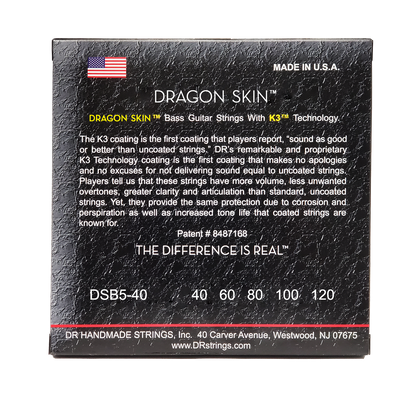 DR Strings DR Dragon Skin Coated Stainless Steel Electric Bass Strings Long Scale Set - 5-String 40-120 DSB5-40