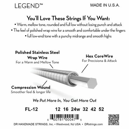 DR Strings DR Legend Polished Flatwound Electric Guitar String Set - 12-52 Medium FL-12