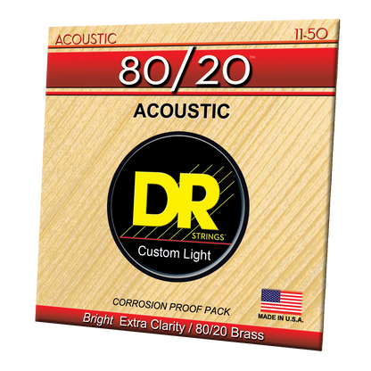 DR Strings DR HI-BEAM 80/20 Brass Acoustic Guitar String Set - 11-50 Custom Light HA-11