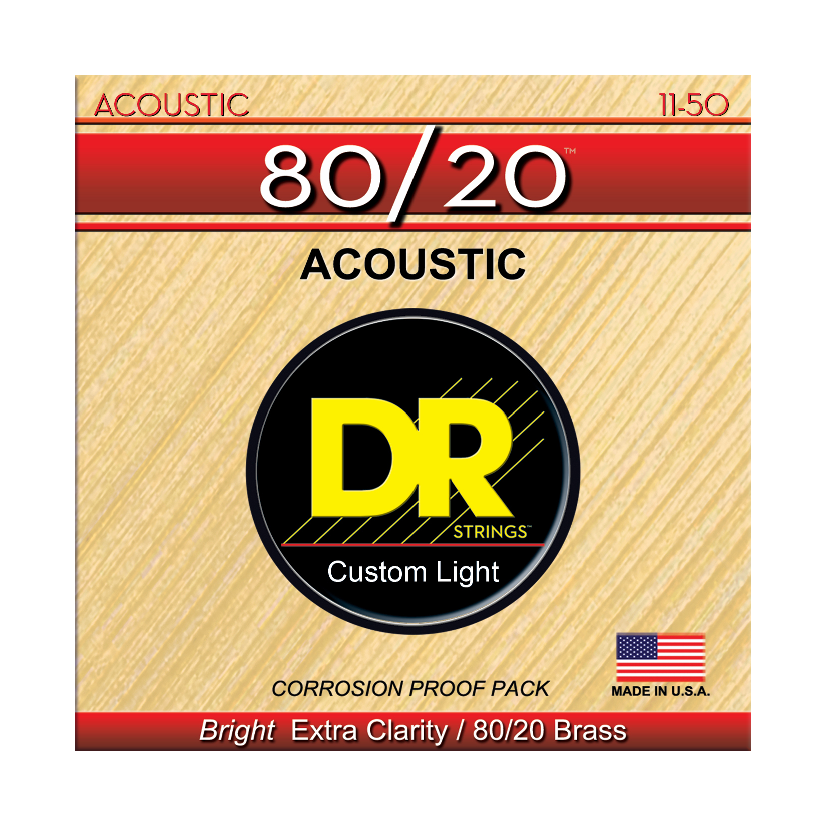DR Strings DR HI-BEAM 80/20 Brass Acoustic Guitar String Set - 11-50 Custom Light HA-11
