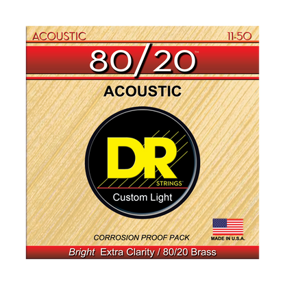 DR Strings DR HI-BEAM 80/20 Brass Acoustic Guitar String Set - 11-50 Custom Light HA-11