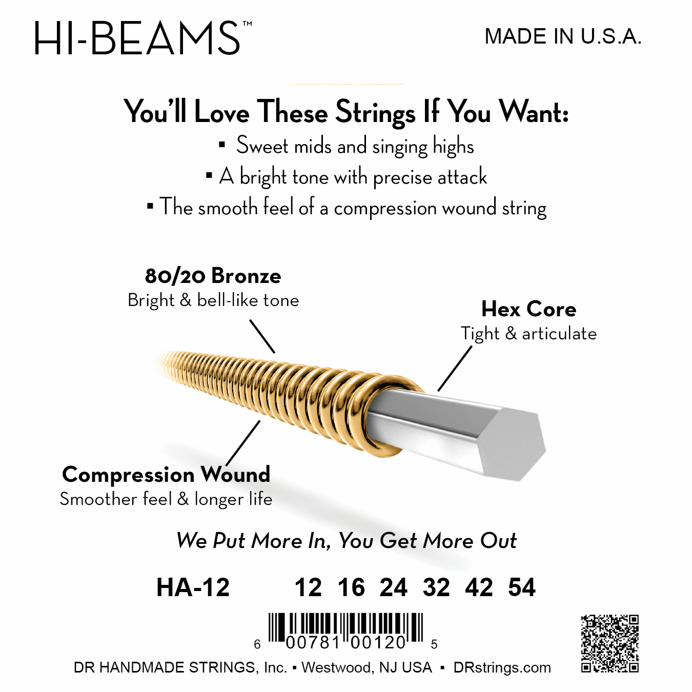 DR Strings DR HI-BEAM 80/20 Brass Acoustic Guitar String Set - 12-54 Light HA-12
