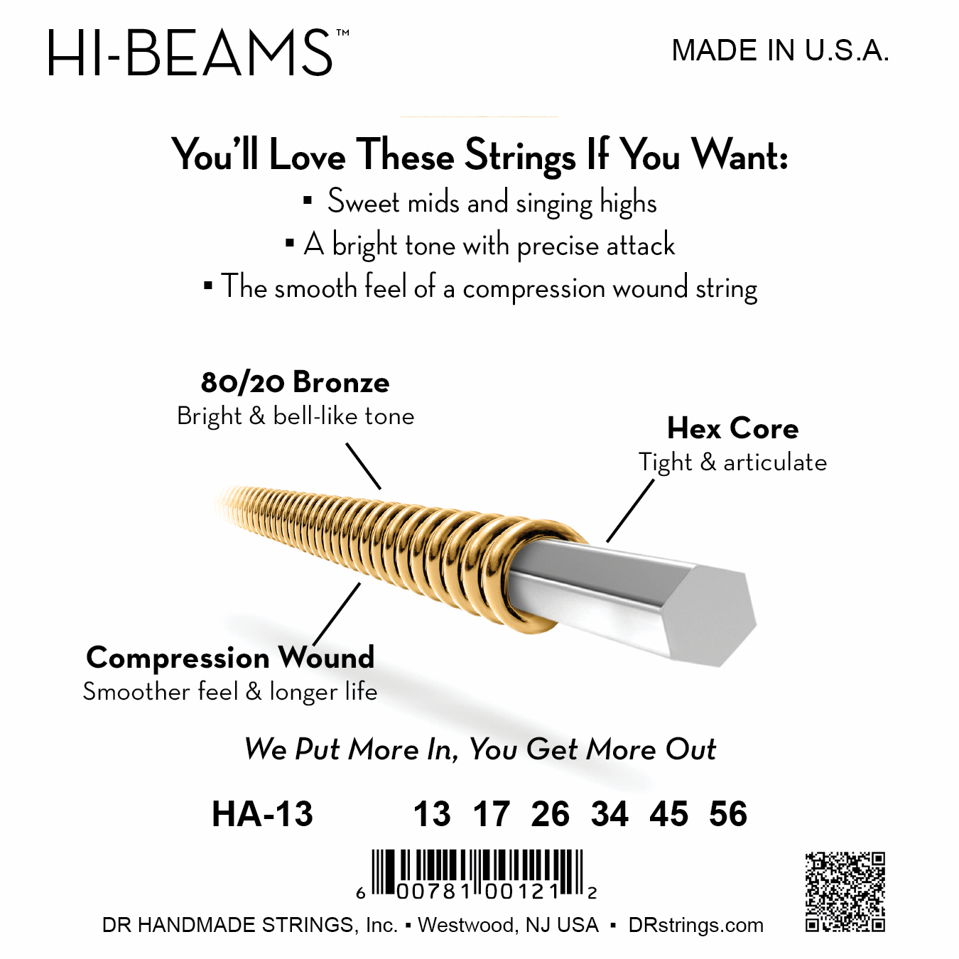 DR Strings DR HI-BEAM 80/20 Brass Acoustic Guitar String Set - 13-56 Light HA-13