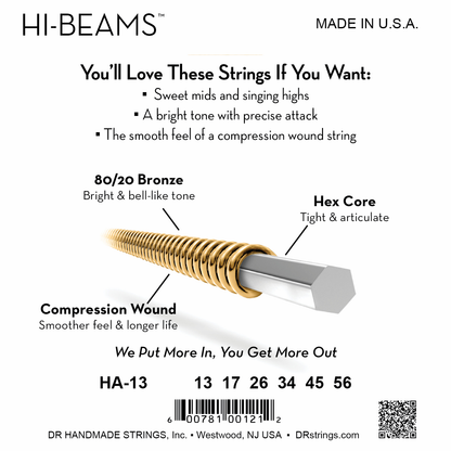 DR Strings DR HI-BEAM 80/20 Brass Acoustic Guitar String Set - 13-56 Light HA-13