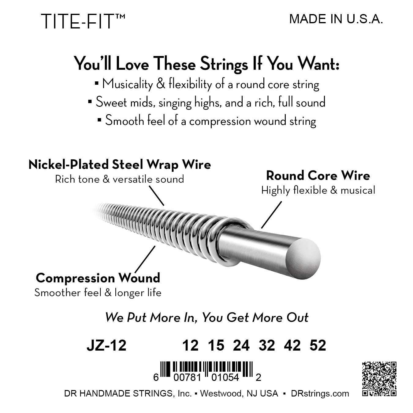 DR Strings DR TITE-FIT Nickel Plated Steel Electric Guitar String Set - 12-52 Jazz JZ-12 Wound 3rd