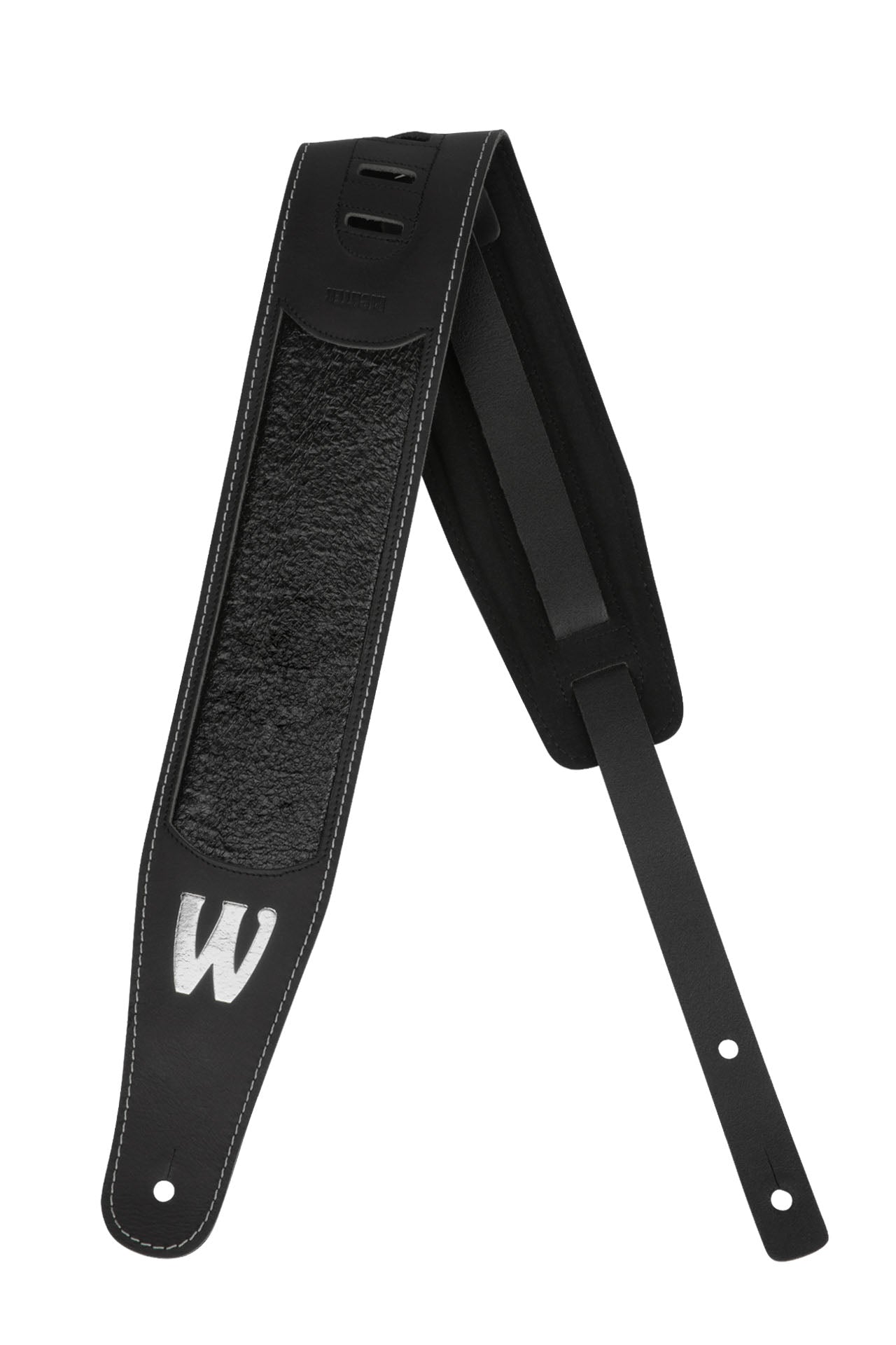 Warwick Warwick MasterBuilt Genuine Leather Bass Strap - Black w/ Silver Embossing - LS B WMB GL BK BS