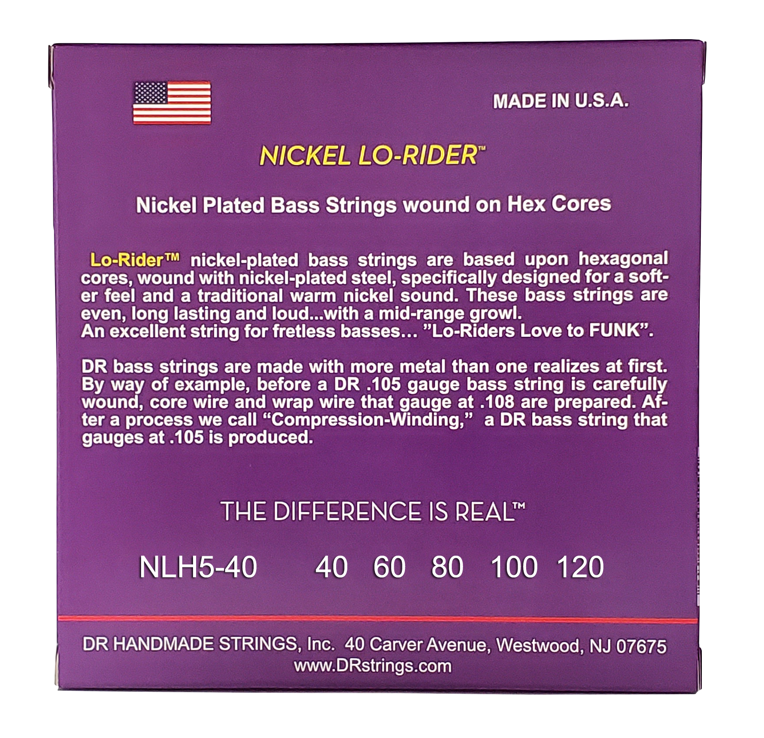 DR Strings DR Nickel Lo-Rider Nickel Plated Steel Electric Bass Strings Long Scale Set - 5-String 40-120 Light NLH5-40