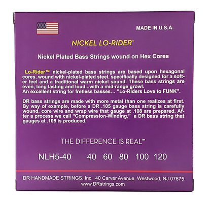 DR Strings DR Nickel Lo-Rider Nickel Plated Steel Electric Bass Strings Long Scale Set - 5-String 40-120 Light NLH5-40