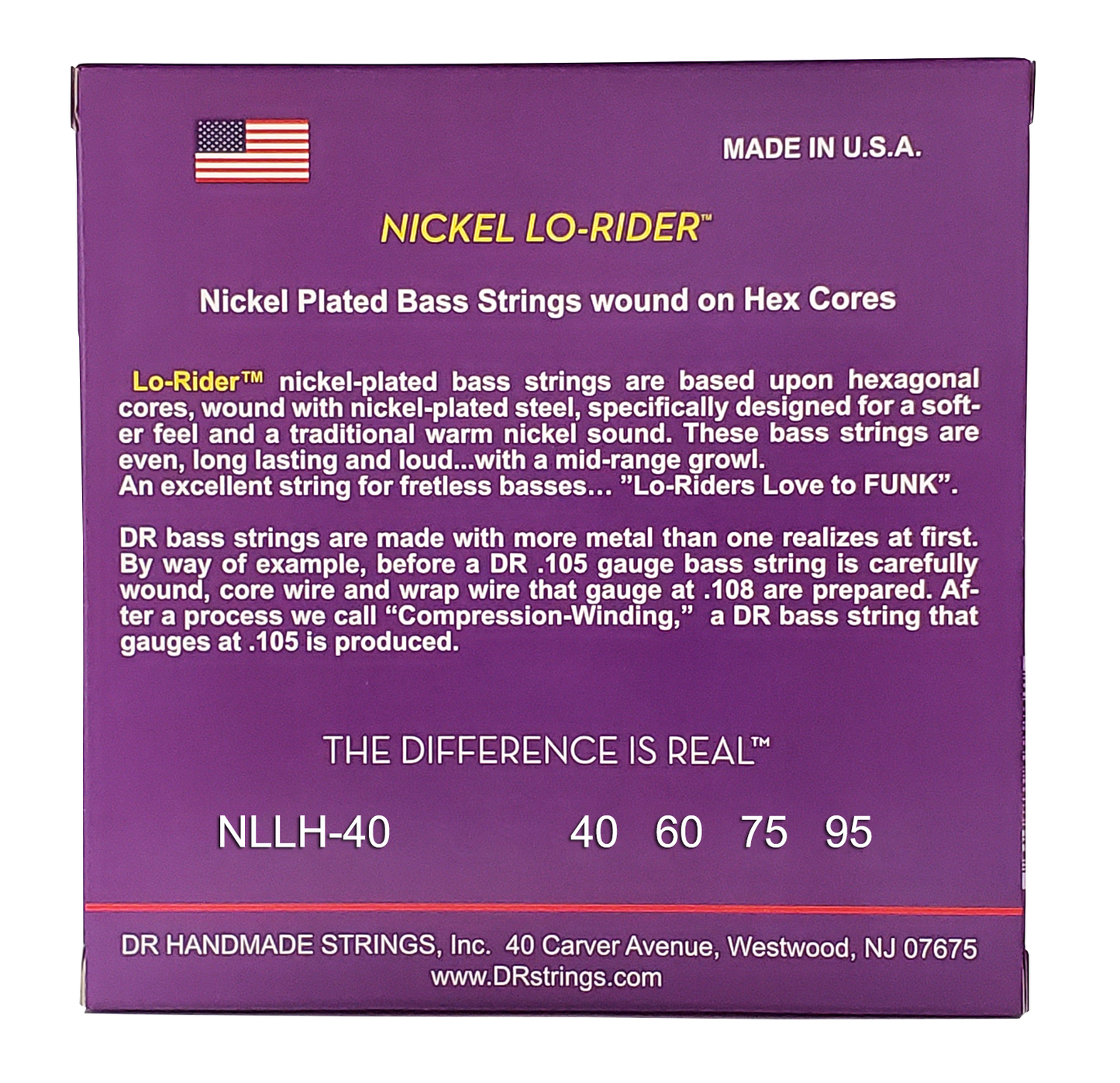 DR Strings DR Nickel Lo-Rider Nickel Plated Steel Electric Bass Strings Long Scale Set - 4-String 40-095 Light-Light NLLH-40