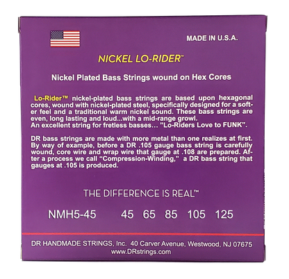 DR Strings DR Nickel Lo-Rider Nickel Plated Steel Electric Bass Strings Long Scale Set - 5-String 45-125 Medium NMH5-45