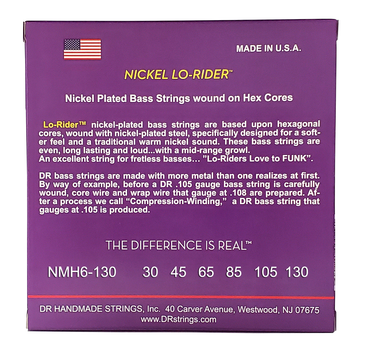 DR Strings DR Nickel Lo-Rider Nickel Plated Steel Electric Bass Strings Long Scale Set - 6-String 30-130 Medium NMH6-130