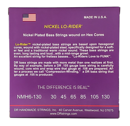 DR Strings DR Nickel Lo-Rider Nickel Plated Steel Electric Bass Strings Long Scale Set - 6-String 30-130 Medium NMH6-130