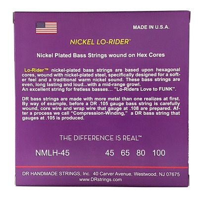 DR Strings DR Nickel Lo-Rider Nickel Plated Steel Electric Bass Strings Long Scale Set - 4-String 45-100 Medium-Light NMLH-45
