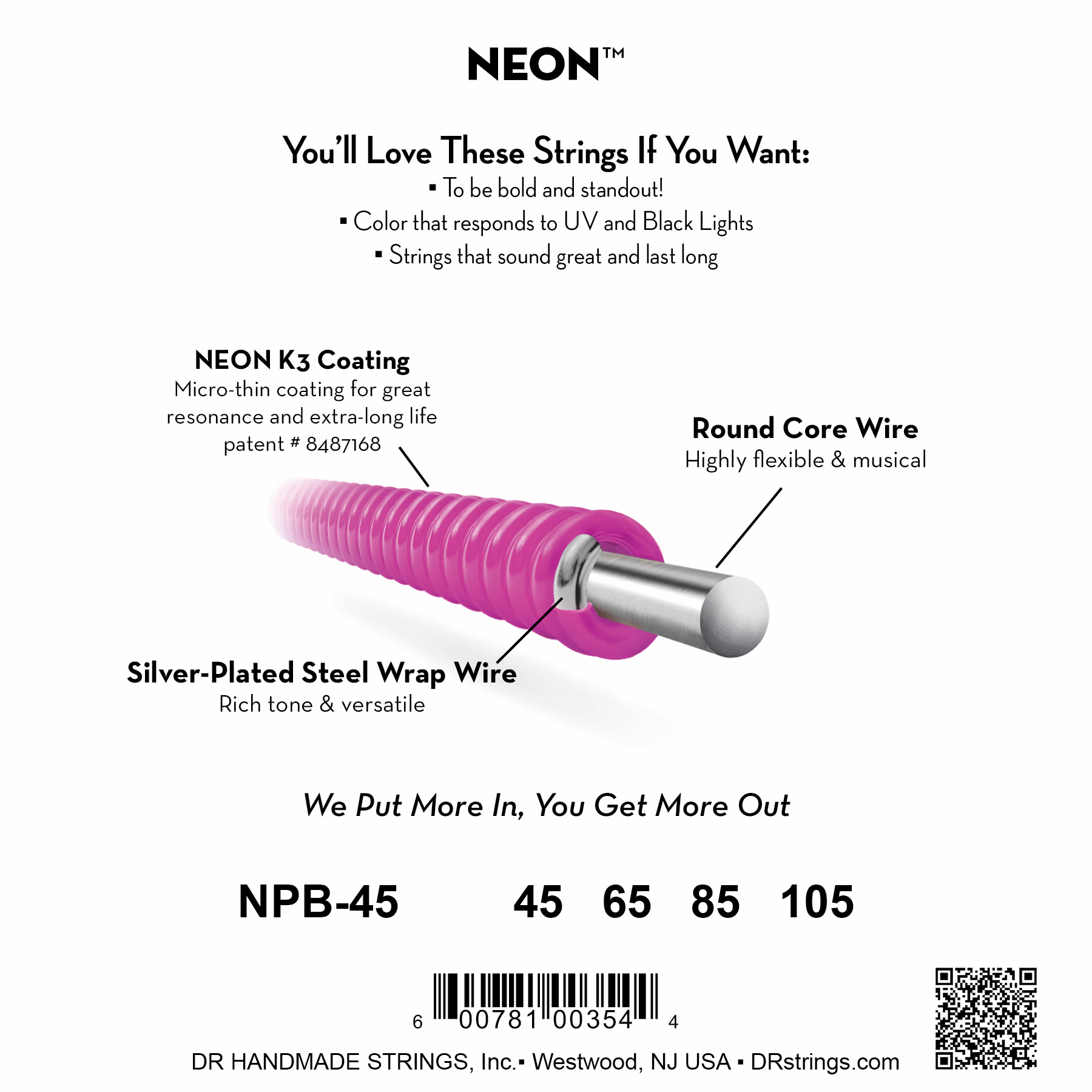 DR Strings DR NEON Pink Coated Electric Bass Strings Long Scale Set - 4-String 45-105 NPB-45
