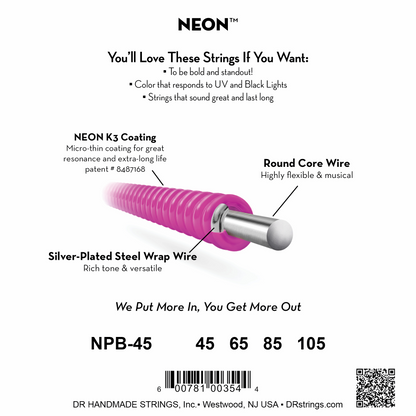 DR Strings DR NEON Pink Coated Electric Bass Strings Long Scale Set - 4-String 45-105 NPB-45