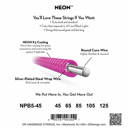 DR Strings DR NEON Pink Coated Electric Bass Strings Long Scale Set - 5-String 45-125 NPB5-45
