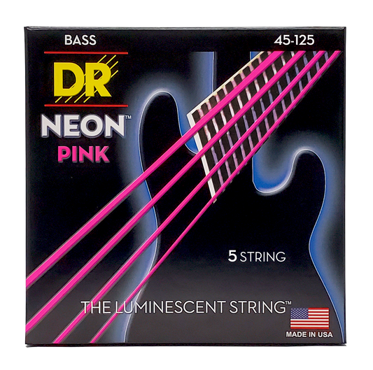 DR Strings DR NEON Pink Coated Electric Bass Strings Long Scale Set - 5-String 45-125 NPB5-45