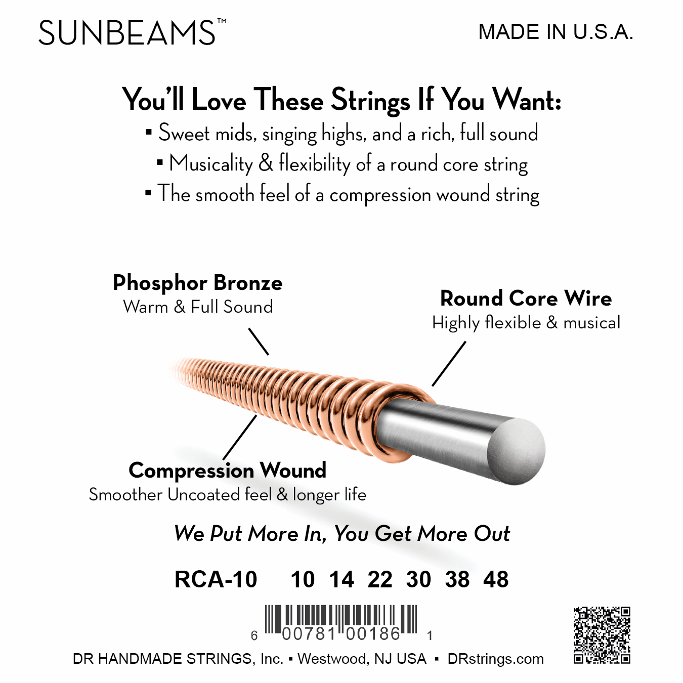 DR Strings DR SUNBEAM Phosphor Bronze Acoustic Guitar String Set - 10-48 Extra-Light RCA-10