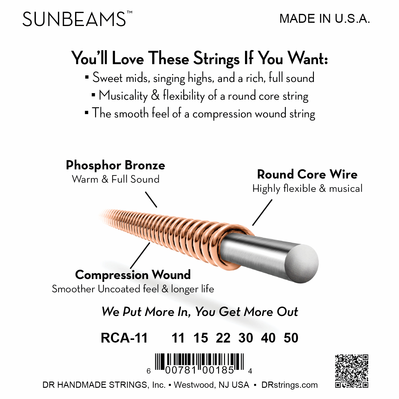 DR Strings DR SUNBEAM Phosphor Bronze Acoustic Guitar String Set - 11-50 Custom-Light RCA-11