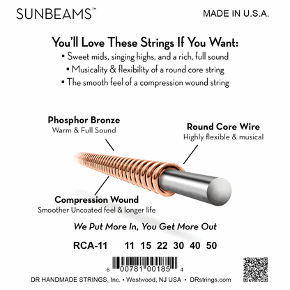 DR Strings DR SUNBEAM Phosphor Bronze Acoustic Guitar String Set - 11-50 Custom-Light RCA-11