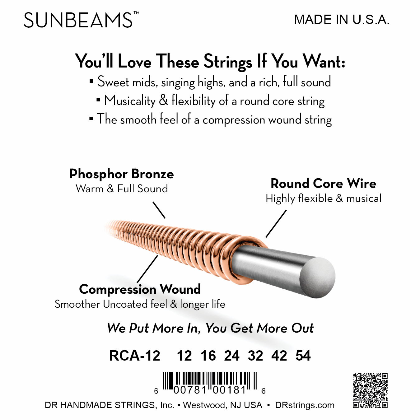 DR Strings DR SUNBEAM Phosphor Bronze Acoustic Guitar String Set - 12-54 Light RCA-12