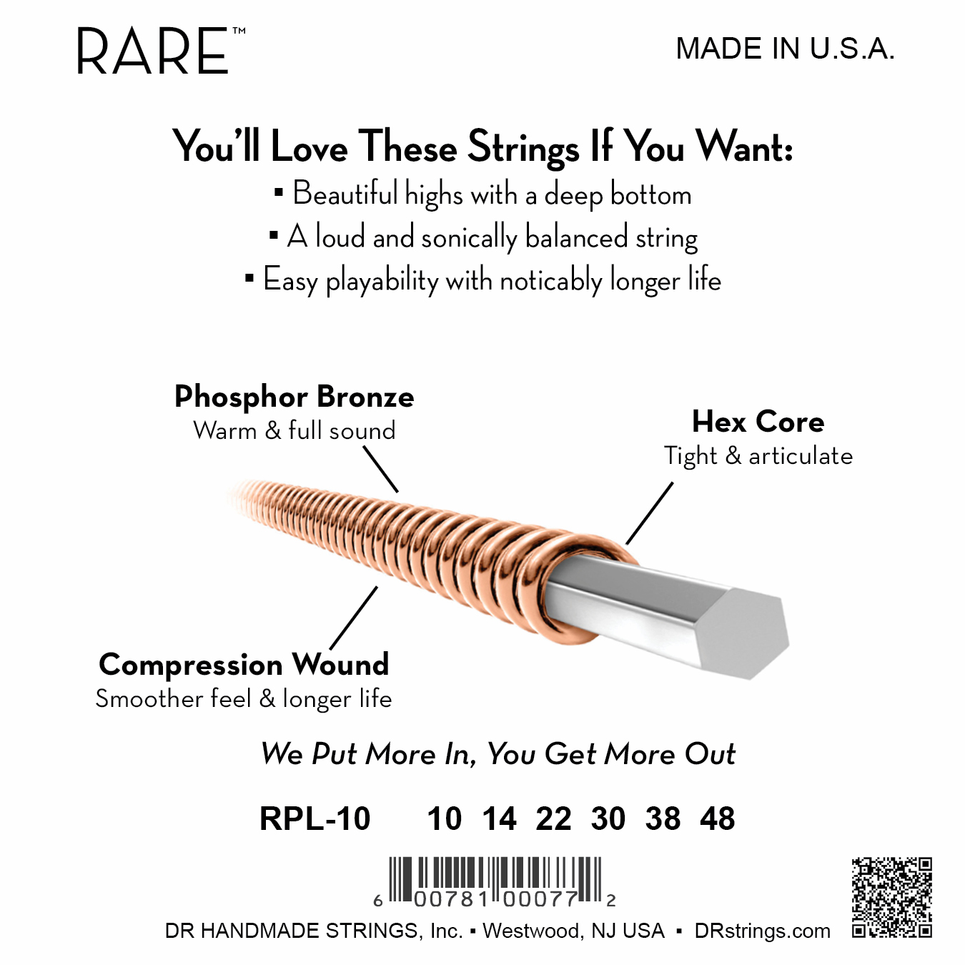 DR Strings DR RARE Phosphor Bronze Acoustic Guitar String Set - 10-48 Extra-Light RPL-10