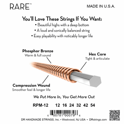 DR Strings DR RARE Phosphor Bronze Acoustic Guitar String Set - 12-54 Light RPM-12