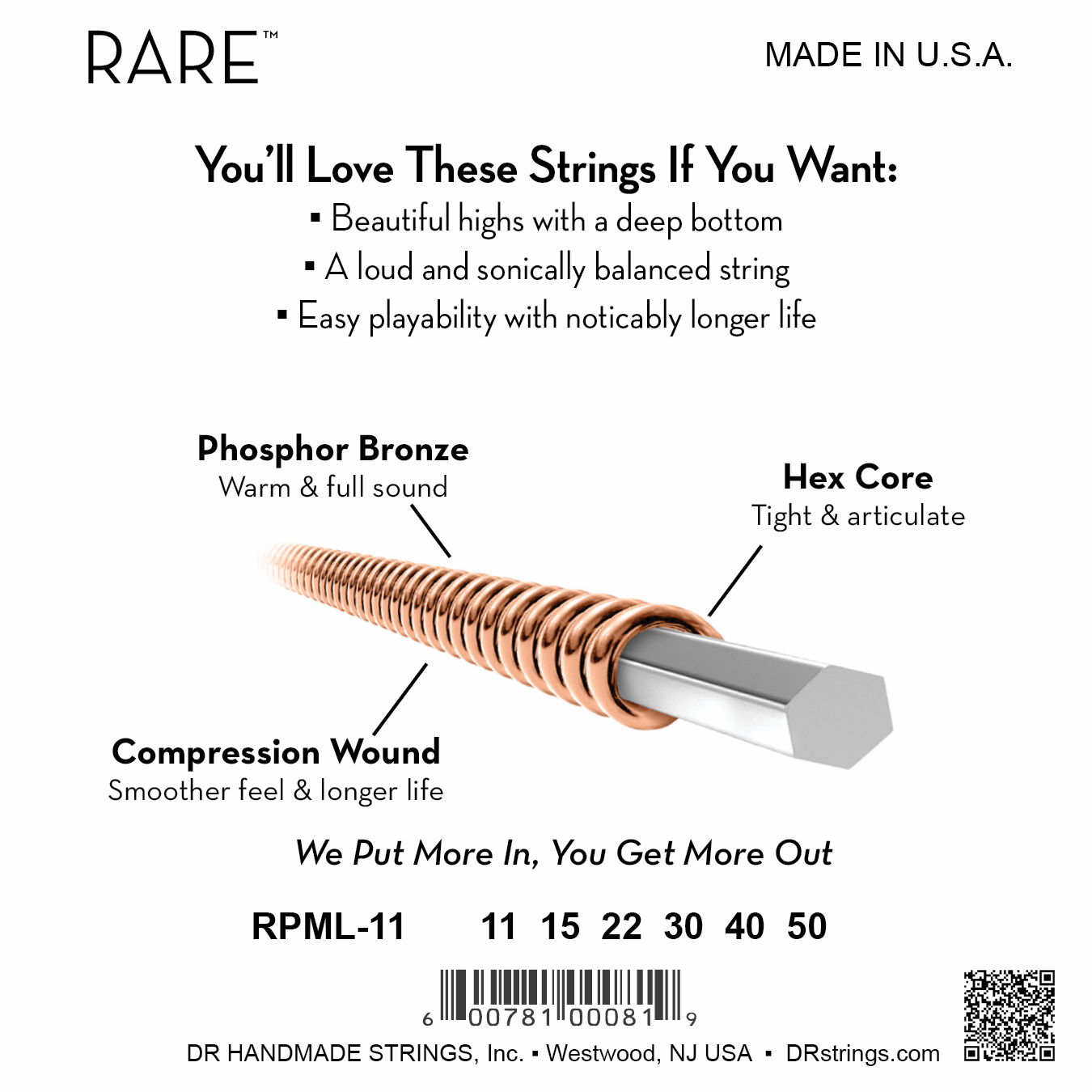 DR Strings DR RARE Phosphor Bronze Acoustic Guitar String Set - 11-50 Custom-Light RPML-11