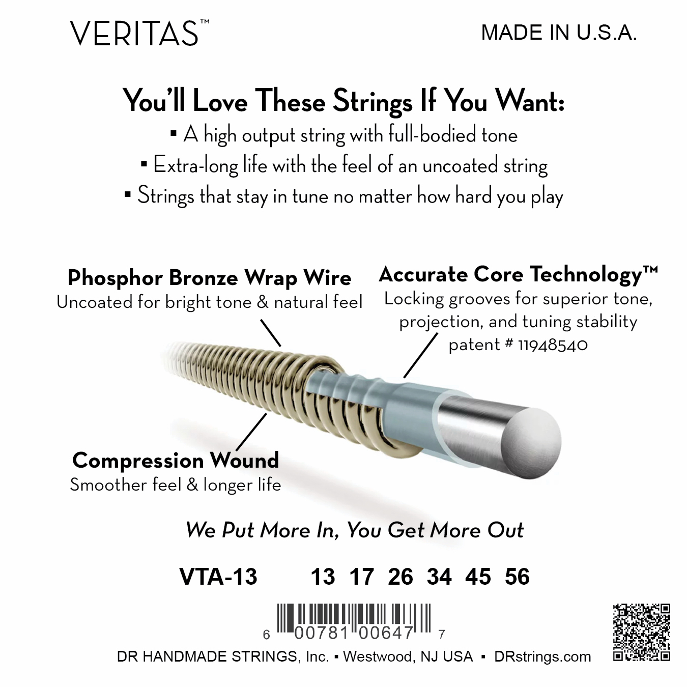 DR Strings DR Veritas Accurate Core Coated Acoustic Guitar String Set - 13-56 Medium VTA-13