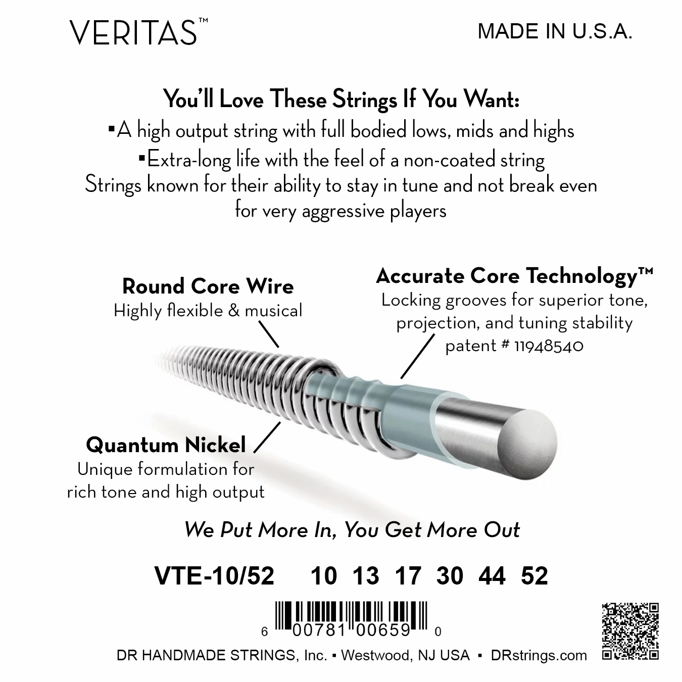 DR Strings DR Veritas Accurate Core Coated Electric Guitar String Set - 10-52 Medium/Heavy VTE-10/52